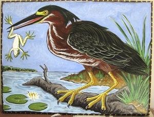 Green heron and frog acrylic painting